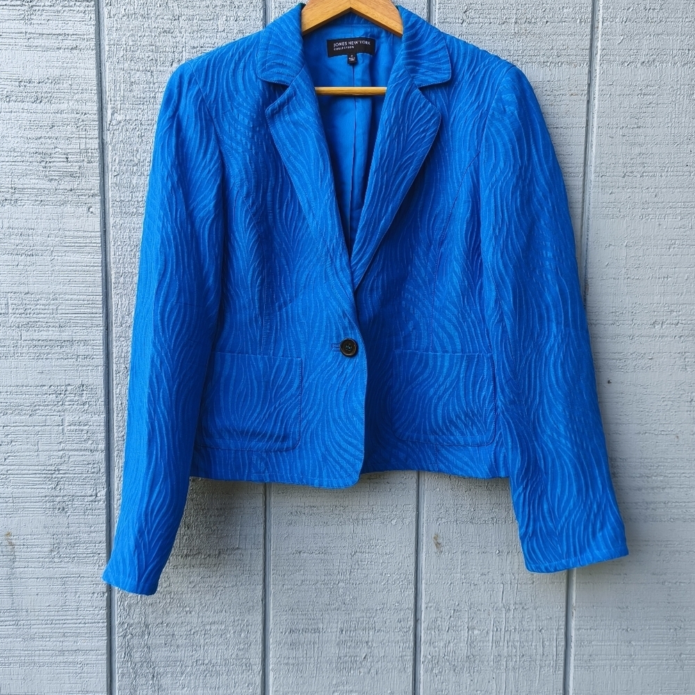 Jones New York Silk Linen Textured One Button Blazer sz 4 Cobalt Blue Office Coa